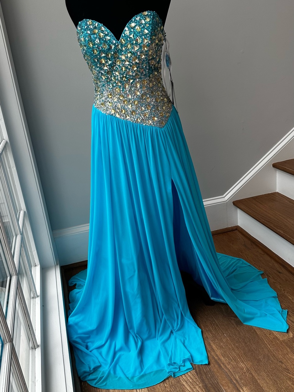 NWT Terani Strapless Beaded Turquoise Aqua Blue Evening Gown